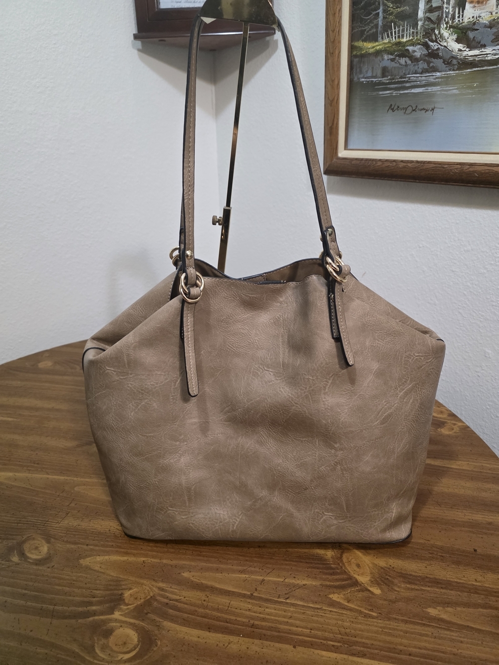 Jenn&co. 2/1 Taupe Shoulder Tote with Gold Hardware Vegan Leather